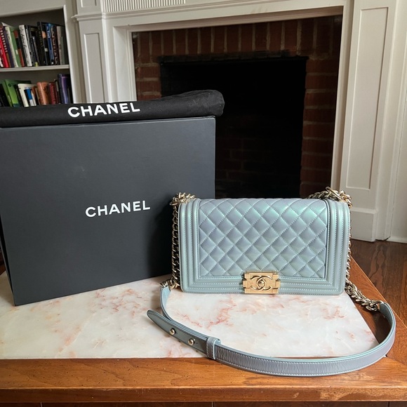 CHANEL Handbags - Chanel Quilted Blue Patent Leather Iridescent Medium Boy Bag